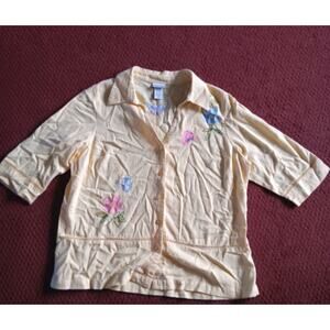 Vintage Fashion Bug womens 18/20 yellow Linen 3/4 Sleeve embroidered button-up